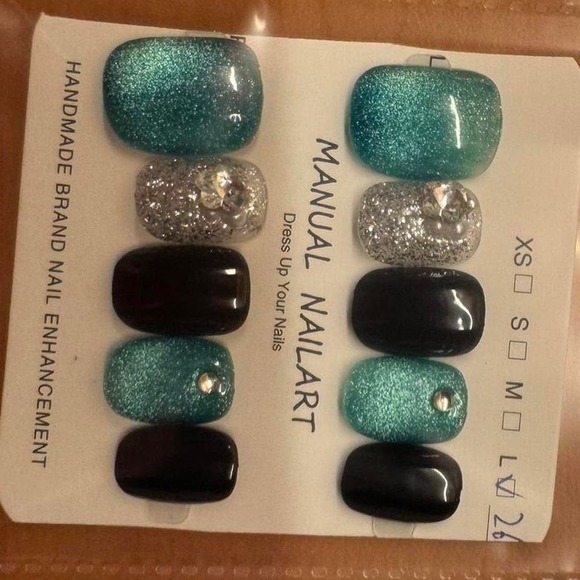Teal Glitter Press On Nails Silver Accent Black Set of 10 - Picture 1 of 1